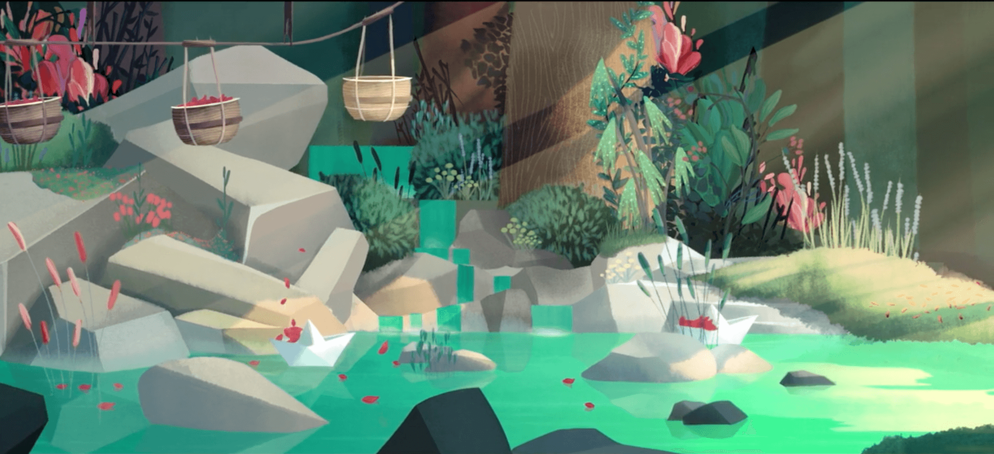 Flowing river scene created with a poetic and gentle illustration style for Huygens advertising animated campaign