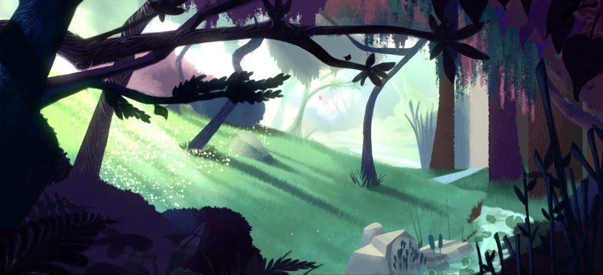 Poetic forest environment illustrated for Huygens visual storytelling in an animated film