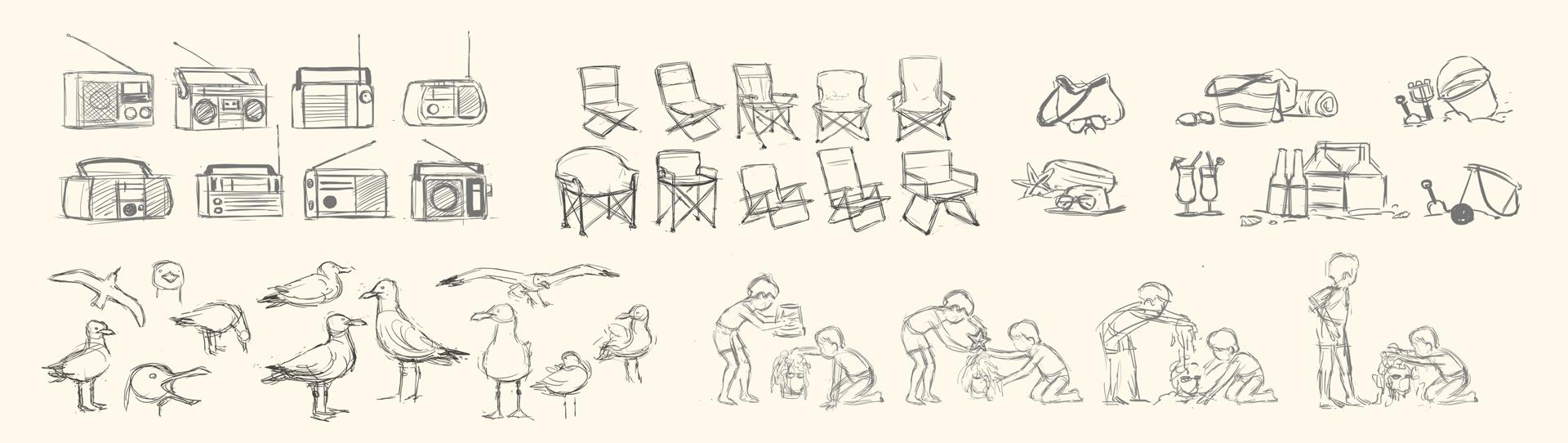 Creative research model sheet with character and props sketches from Summer Story project