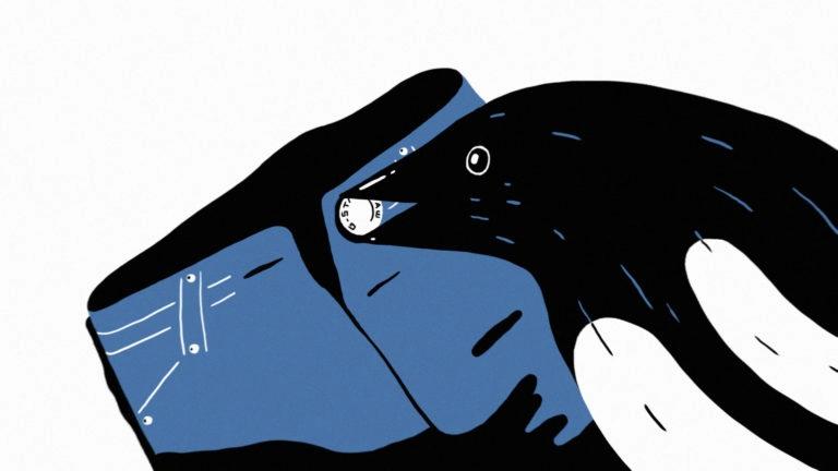 Illustration of a crow interacting with denim, symbolizing sustainability in G-Star's animation campaign