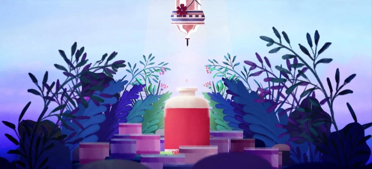 Illustration of a Huygens cream product in a soft, natural and poetic environment for the animated campaign