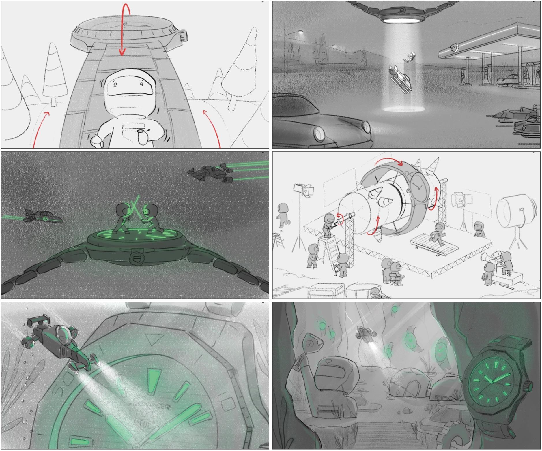 Early storyboard and sketch development for Tag Heuer creative campaign