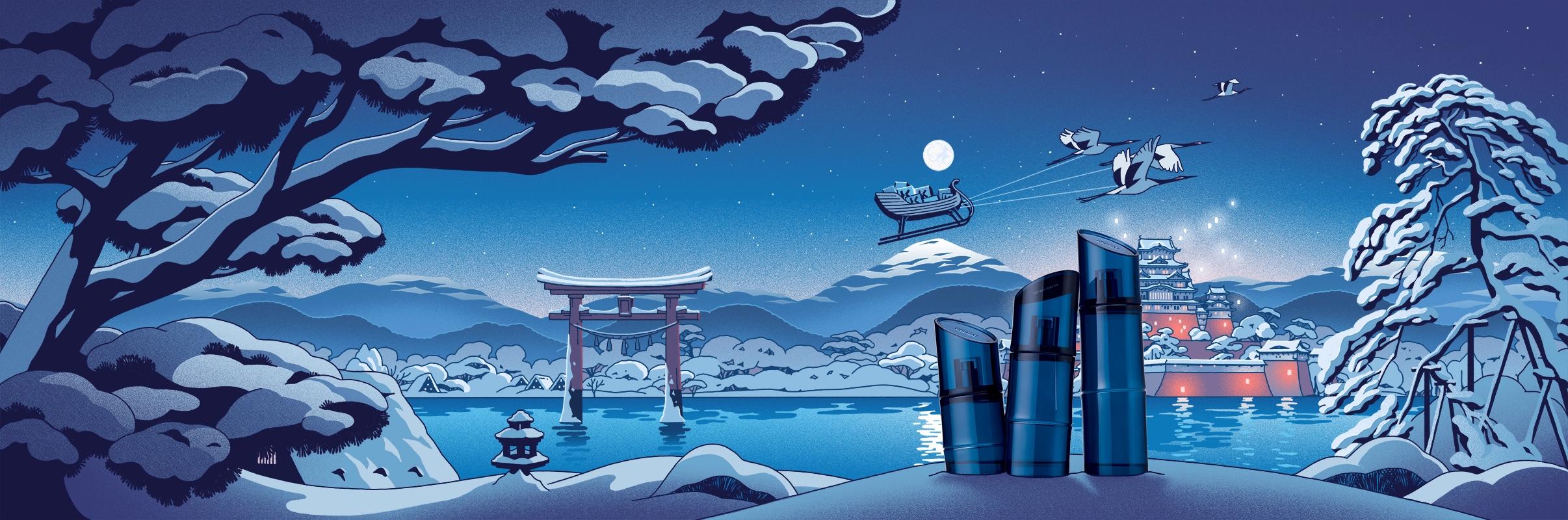 Illustration of Kenzo men's fragrance with bamboo, by Vincent Mahé for the 2021 holiday campaign