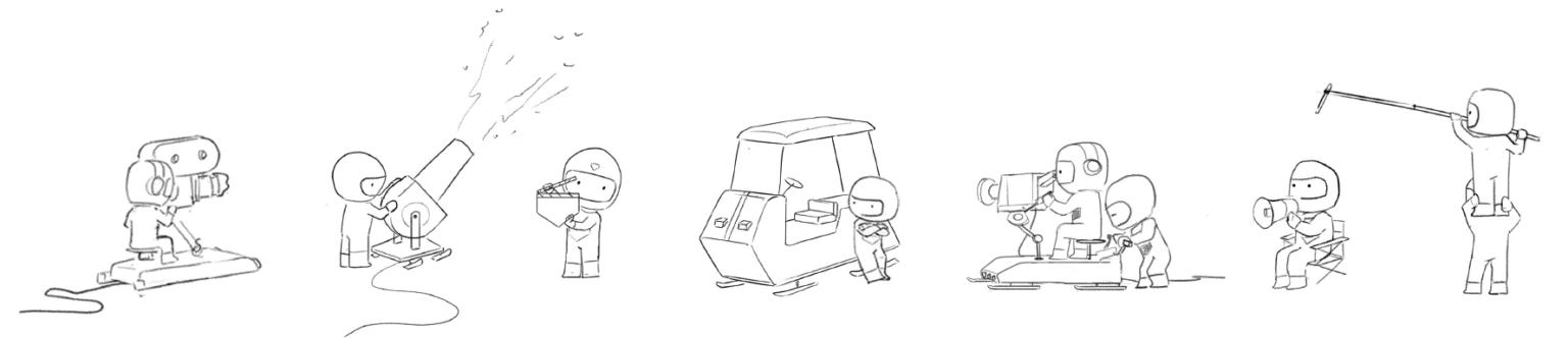 Design sketch of pilot characters in red costumes for Tag Heuer Christmas visuals