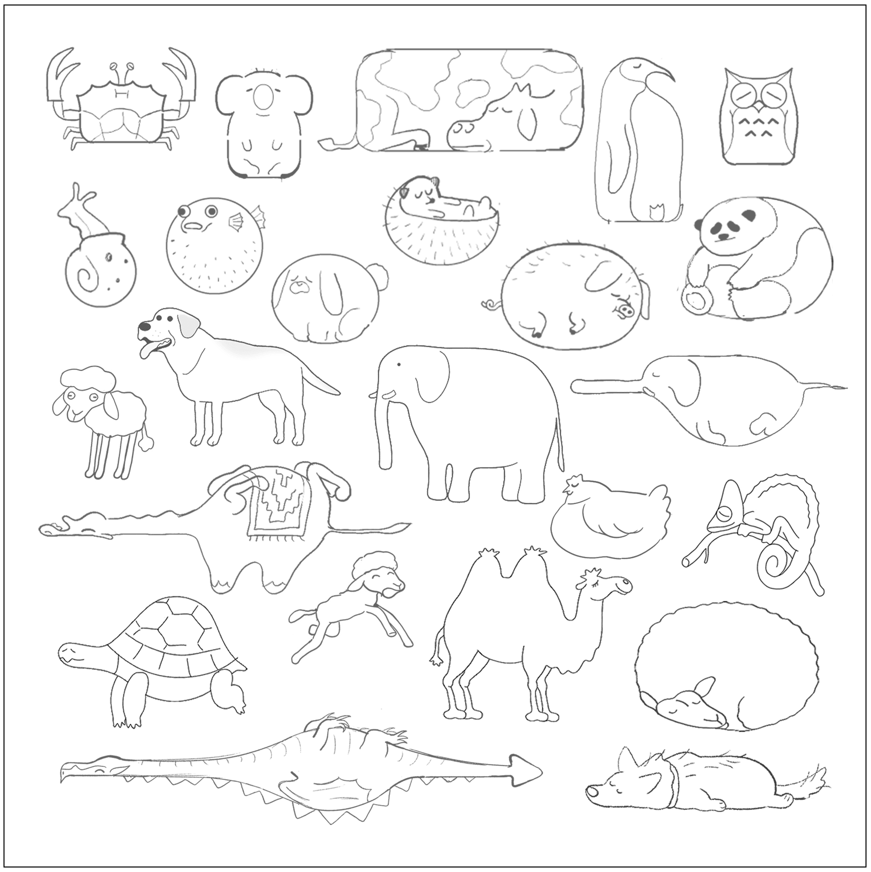 Rough sleeping animal character design sketches created as part of Purple Mattress research exploration