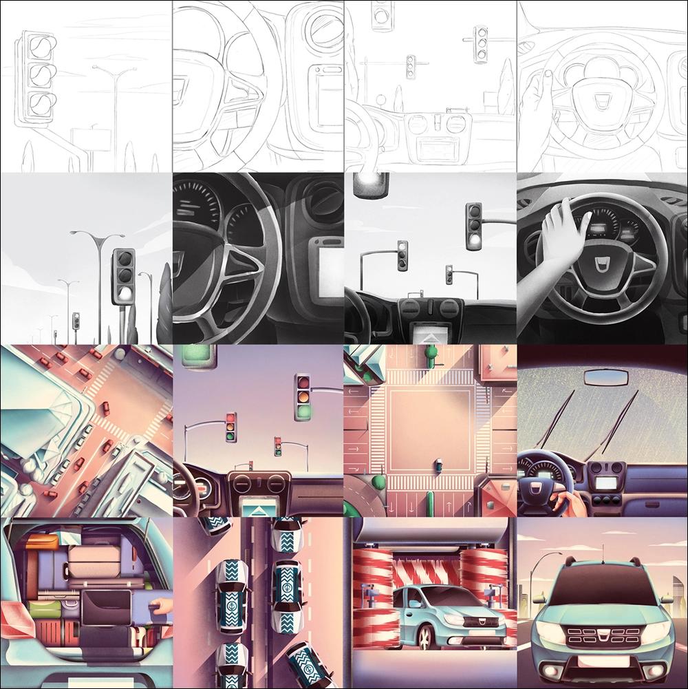 Early visual research illustration exploring creative direction for Dacia