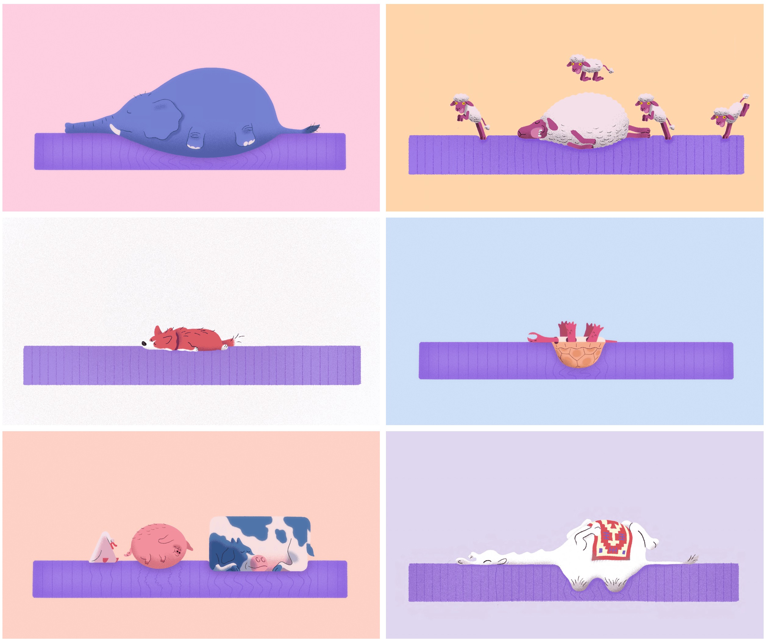 Dreamy and colorful animal illustration representing peaceful sleep for Purple Mattress campaign