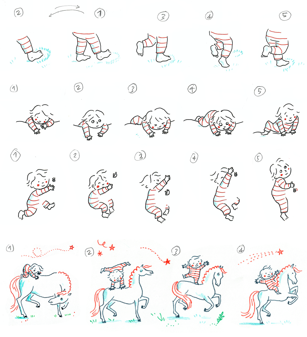 Character pose studies for Hermès Cabriole animations, illustrated by Alice Charbin